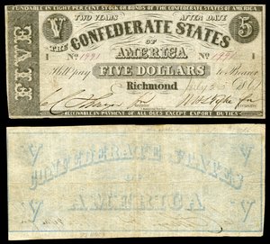 Zweite Serie $5 Konföderierte Staaten von Amerika Banknote. Konföderierte Staaten von Amerika auf der Vorderseite, einzige 1861 ausgegebene Note mit gedruckter Rückseite. von Jules Manouvrier
